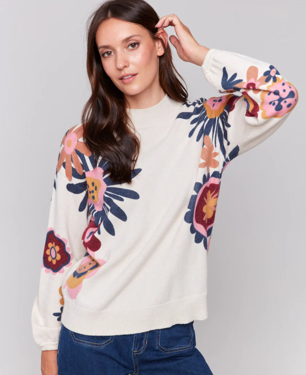 Floral Print Mock Neck Sweater