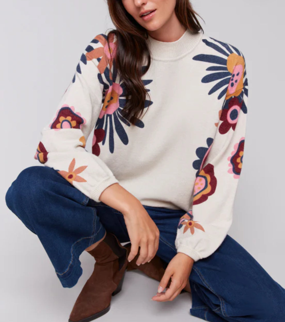 Floral Print Mock Neck Sweater