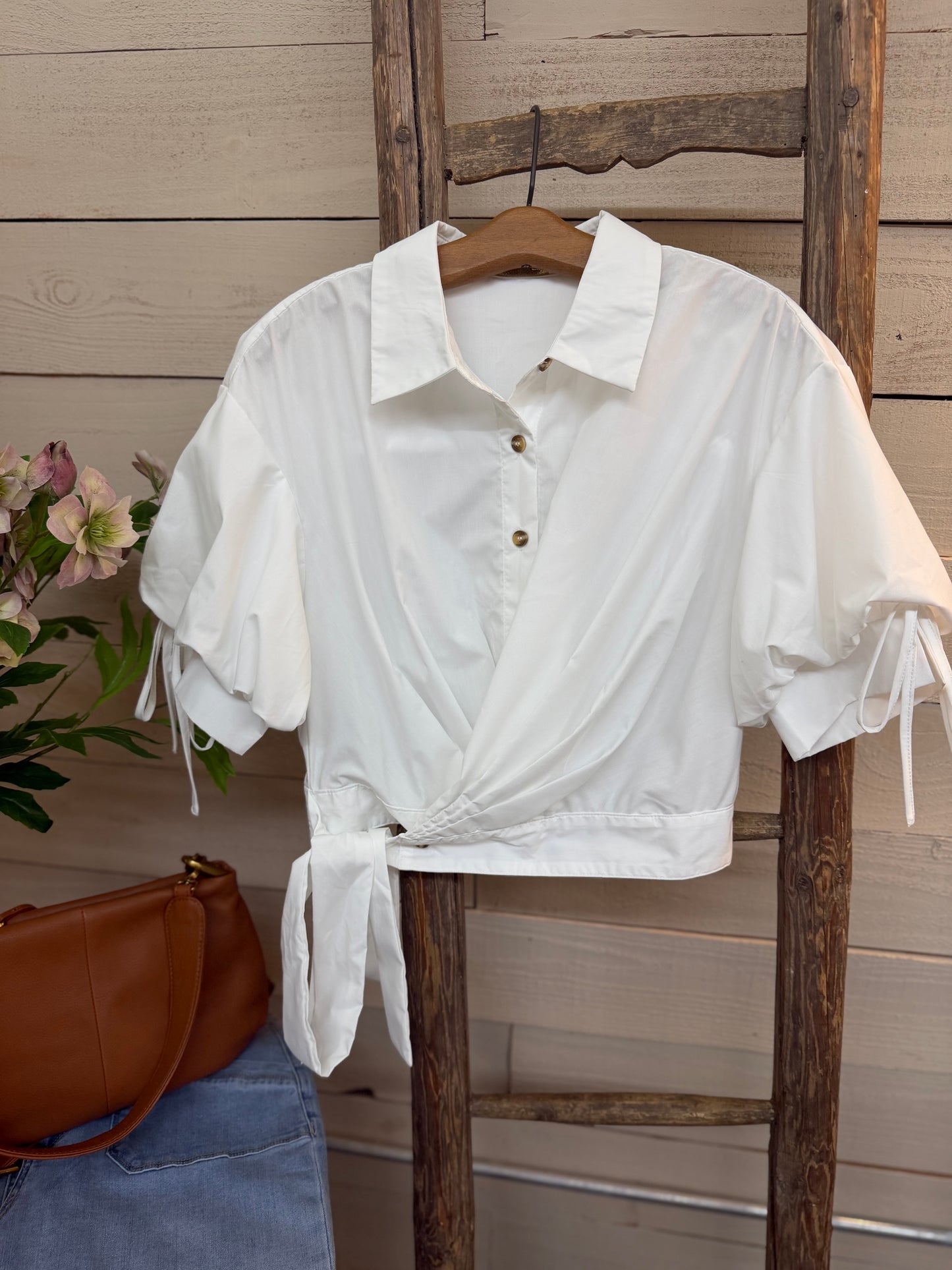 Tie Waist/Sleeve Top - White