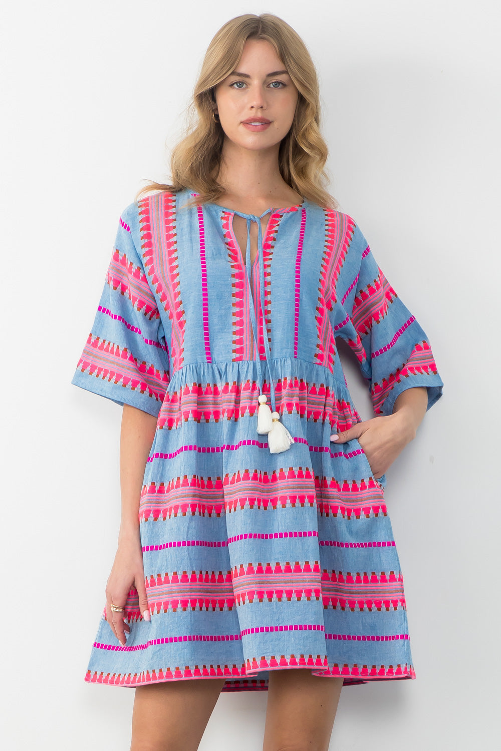 Boho Spanish Stripe Embroidered Dress