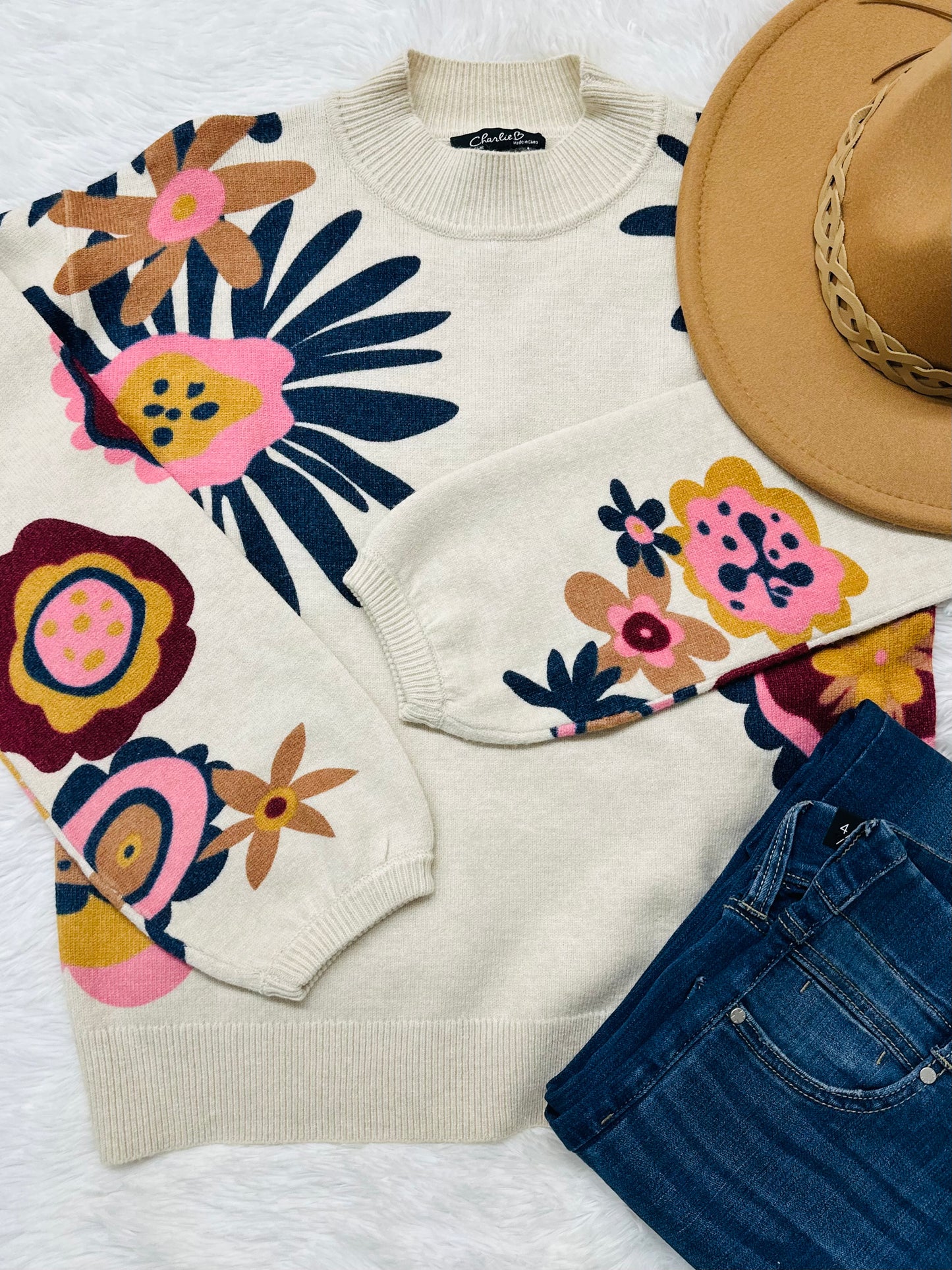 Floral Print Mock Neck Sweater