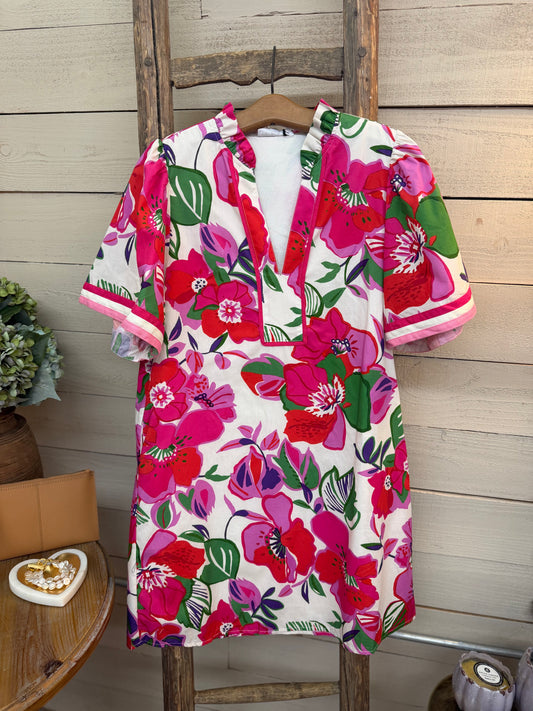 Floral SS Dress - Cream