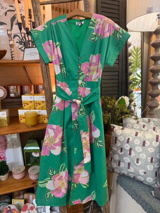 Floral V-Neck Belt Dress - Green