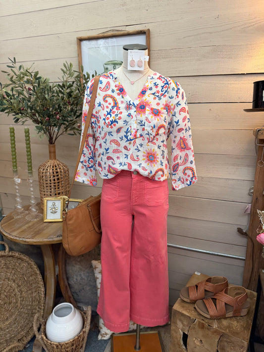 Twill flare leg crop jean