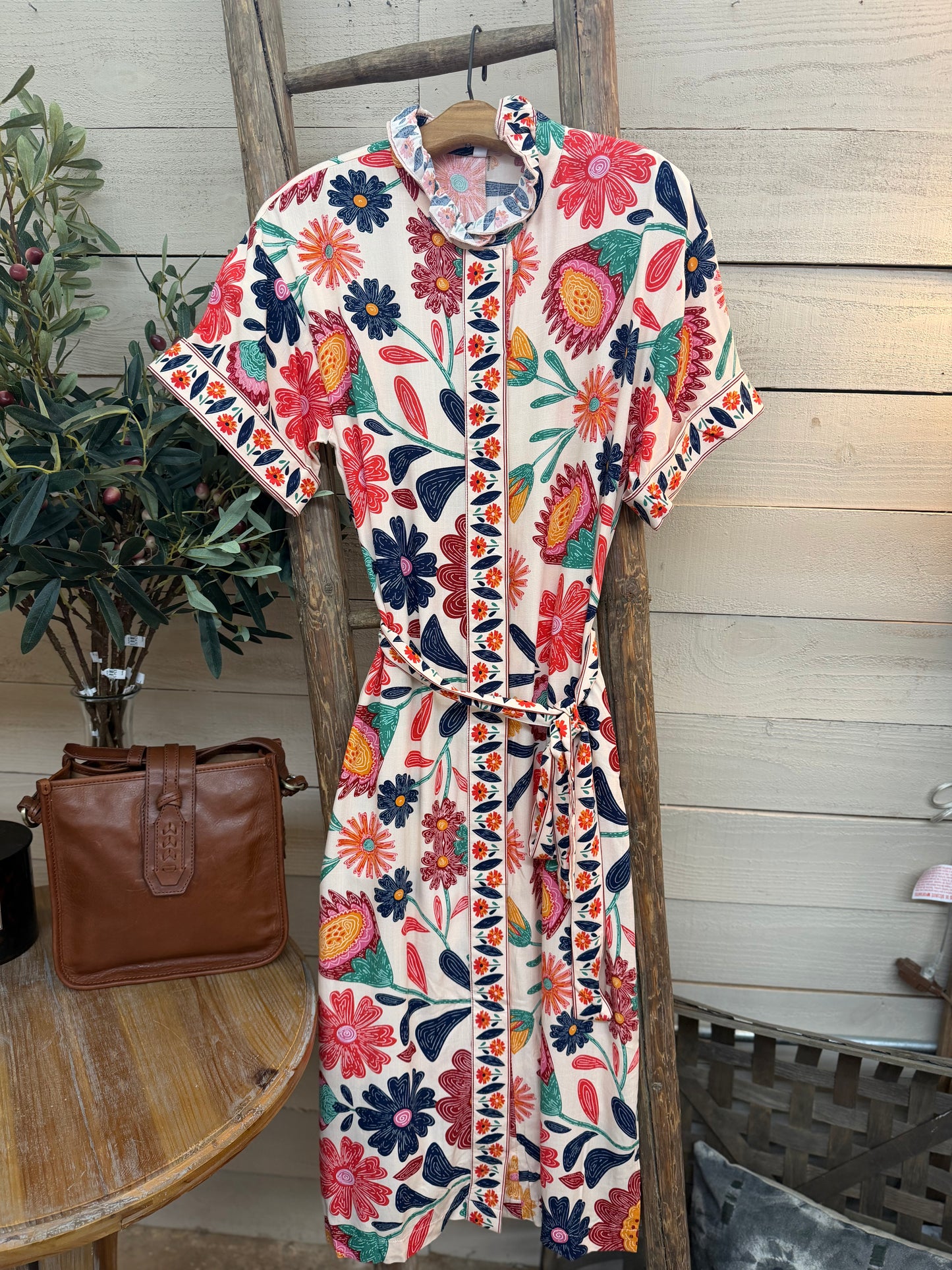 Floral Tie Waist Dress - Coral