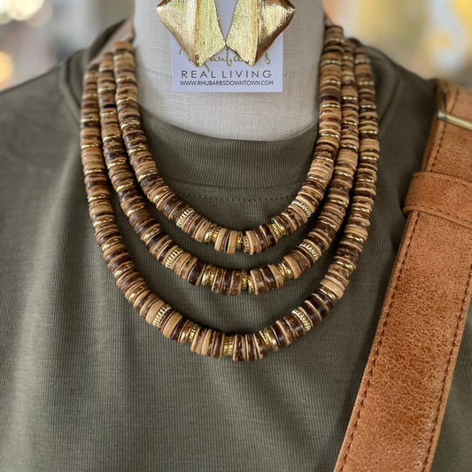 3-Row Wood Disc Necklace